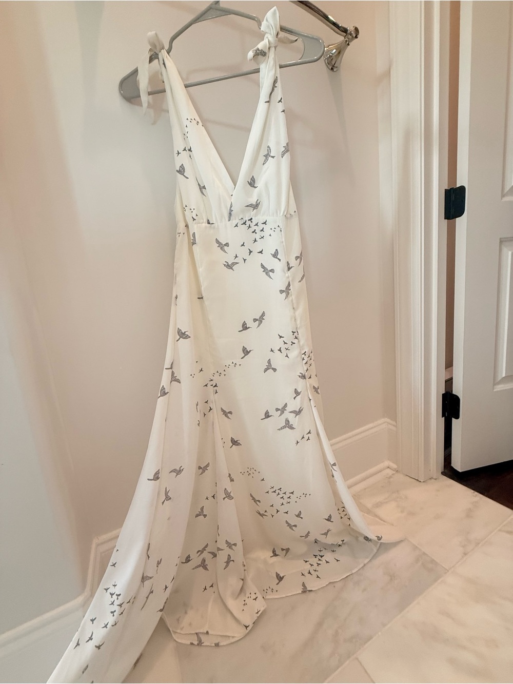 H&M White Maxi Dress with Gray Bird Print